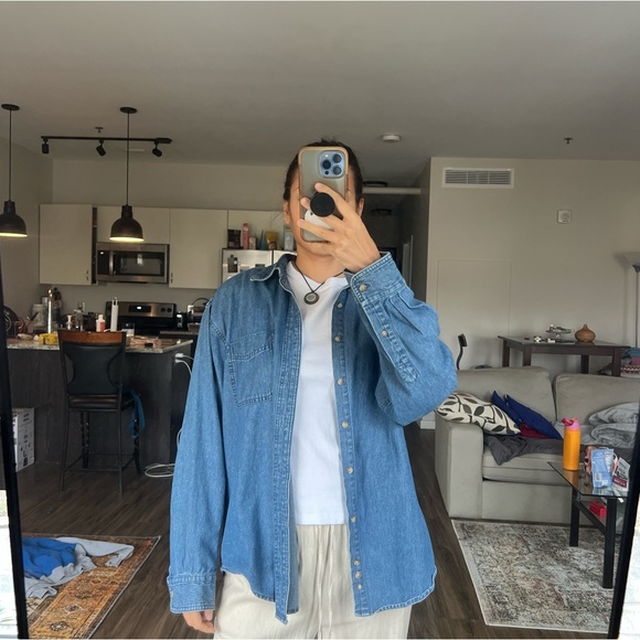 navy denim button up long sleeve shirt size medium - Picture 1 of 6